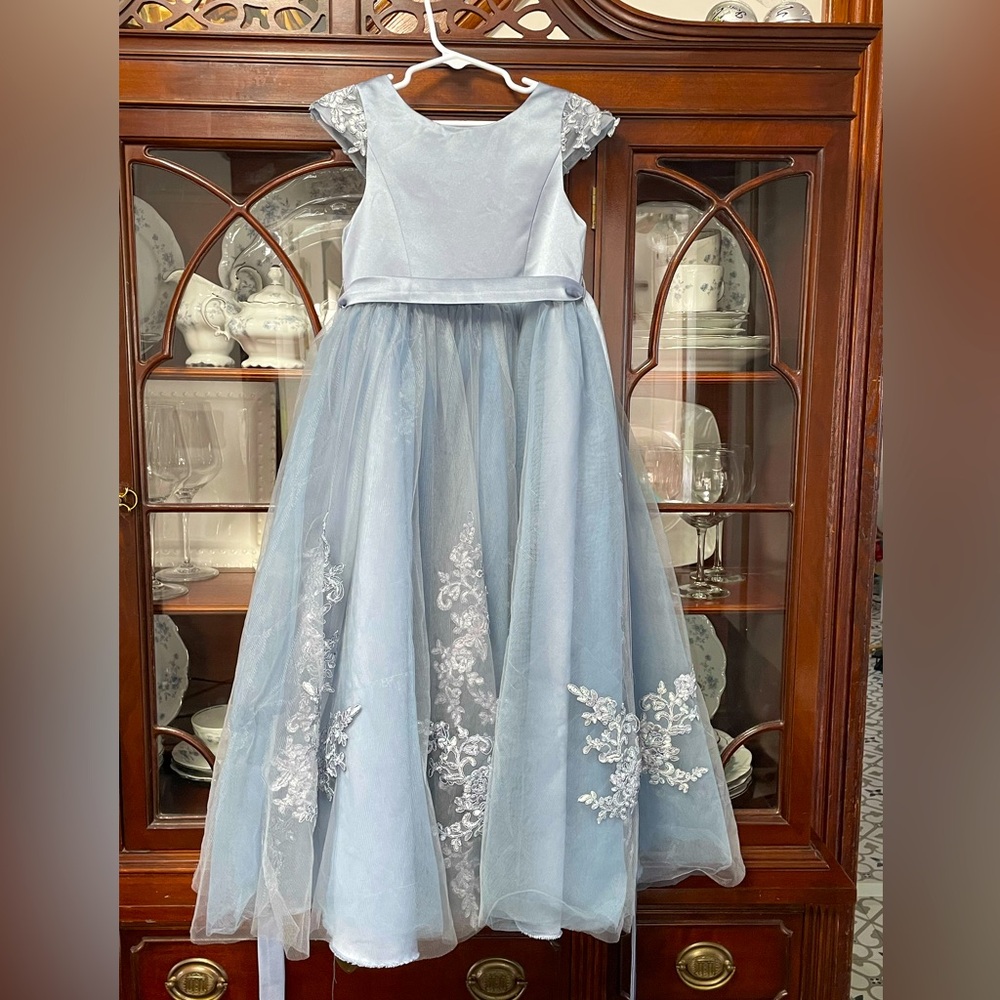 JJs House Steel Blue Kids Formal Dress with Floral Embroidery